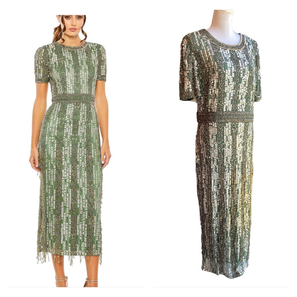 NWT Mac Duggal Green Crystal Trimmed Tea Length Party Dress. B28